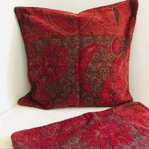 Custom Made Tapestry Style In Dark Reds & Olive Green Throw Accent Pillow Cover